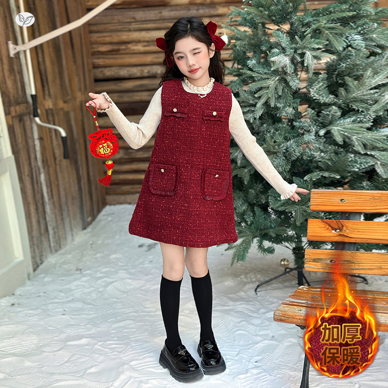 女童2025年秋冬新款小香风连衣裙女大童冬加绒加厚保暖背心裙年服，童装连衣裙，祺儿童装