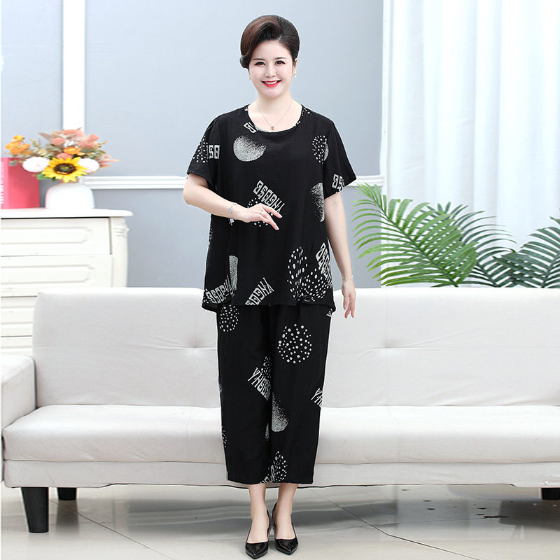 妈妈装洋气短袖T恤夏装两件套中老年女装休闲套装加肥加大码时尚