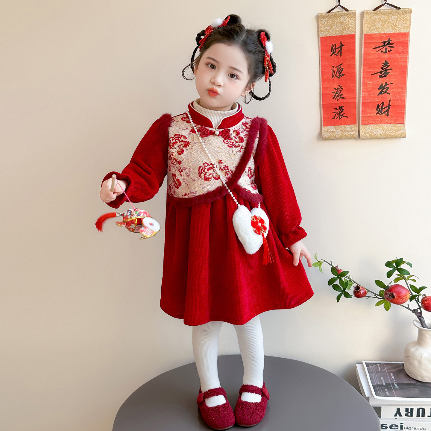 女童拜年服冬季2025新款儿童风加绒连衣裙新中式过年衣服P83，童装连衣裙，祺妙童装
