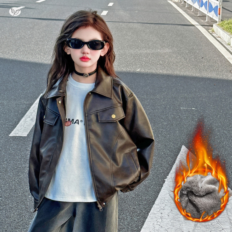 女童加绒皮衣2025秋冬新款韩系短款翻领夹克衫外套中大童防水外衣，童装夹克，祺儿童装