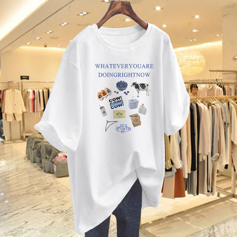 灰色圆领t恤韩版原宿风印花短袖夏季2025新款大码宽松显瘦上衣女
