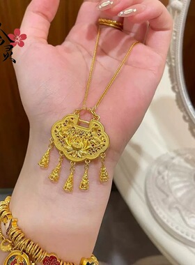 金店同款保色古法沙金莲花如意流苏锁吊坠 荷花锁包挂坠diy配件