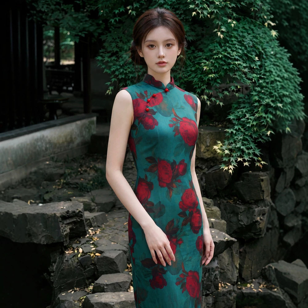 红花网纱印花夏长款旗袍女2026夏新款少女无袖年轻款连衣裙礼服