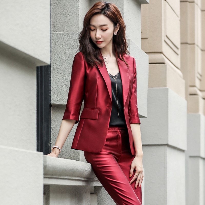 主持人职业西装套装裤酒红色礼服