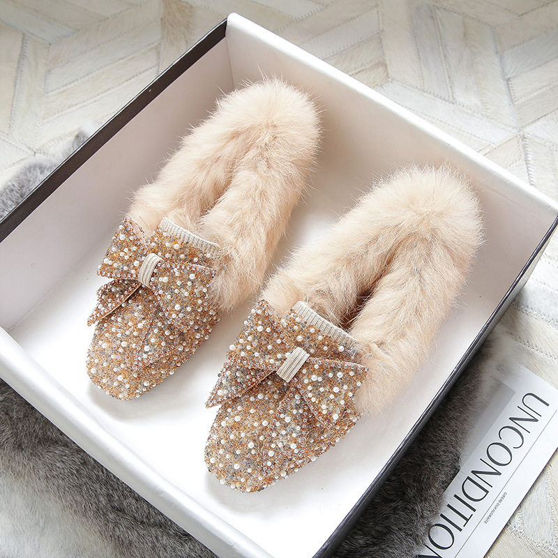 真兔毛毛鞋女秋冬一脚蹬蝴蝶结懒人鞋豆豆鞋加绒棉鞋大码水钻女鞋,居家布艺,居家棉拖/棉鞋,淘宝优惠券,粉丝福利购,淘宝优惠卷