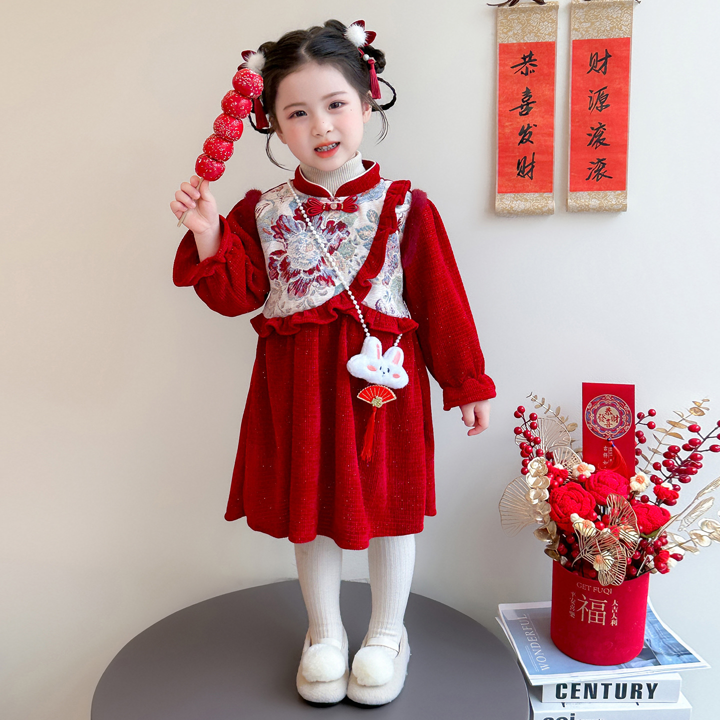 女小童加绒连衣裙冬季2025新款公主裙冬装儿童喜庆风拜年服P101，童装连衣裙，祺妙童装