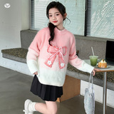 女童2025年秋冬新款甜美樱花粉蝴蝶结渐变毛衣女孩可爱俏皮针织衫，童装毛衣，祺儿童装