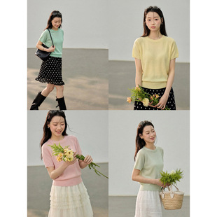 女装 韩系圆领毛针织衫 歌铭 上衣W097C 新款 温柔风宽松短袖 春季