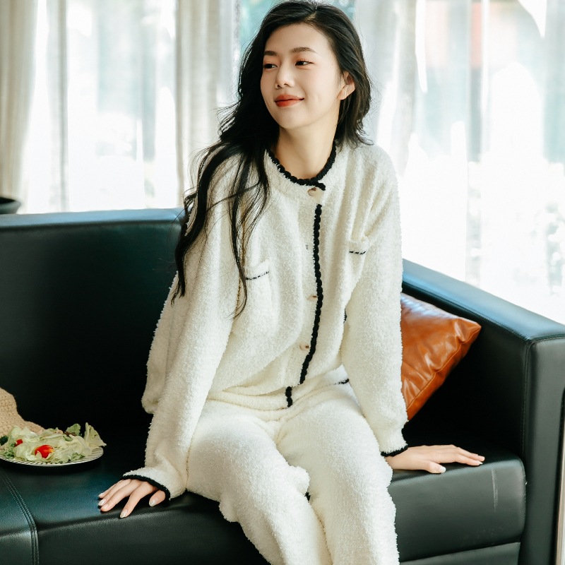 睡衣女秋冬开衫软绵绵半边绒家居服大码简约黑白小香风纯色两件套