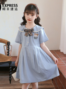 女童裙子夏季可爱小熊蝴蝶结娃娃领童装连衣裙学院风大童女装夏装