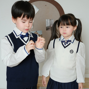 2025春秋跨境V领撞色女童针织背心学生校服班服中大儿童毛衣马甲
