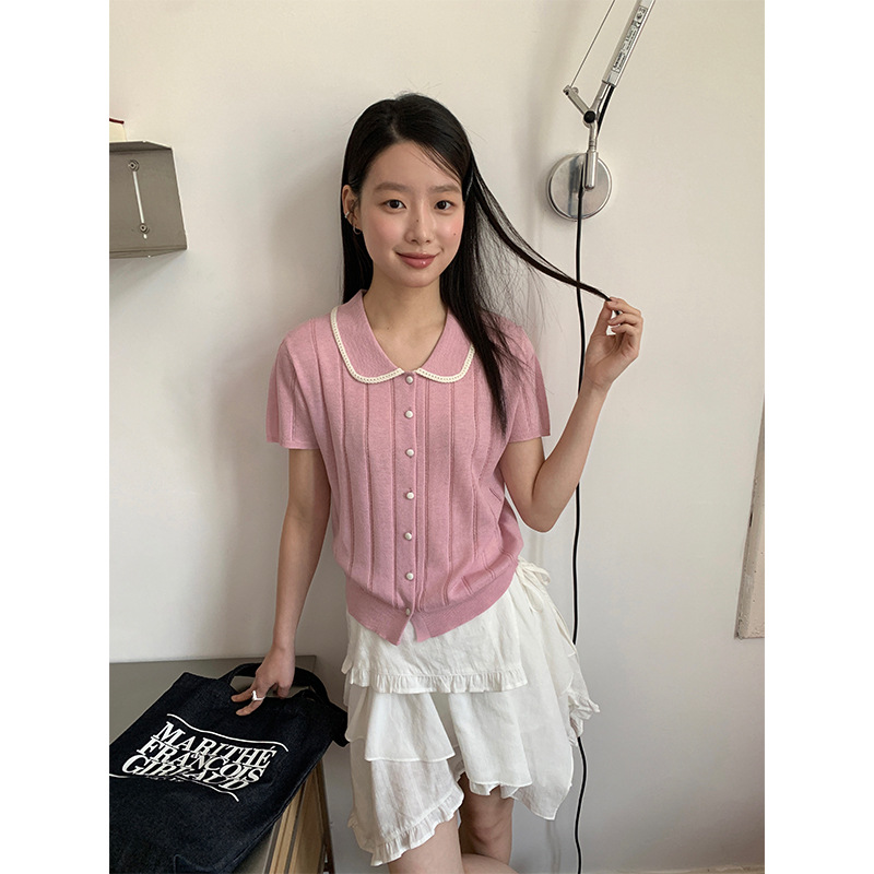 哩呦！娃娃领气质温柔针织开衫女2025年夏季新款冰丝短袖上衣好看