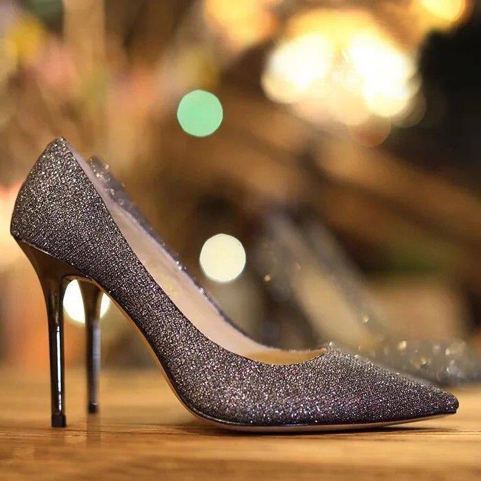 新款新款来自星星的你千颂伊同款银色亮片婚鞋高跟鞋女细跟尖头小