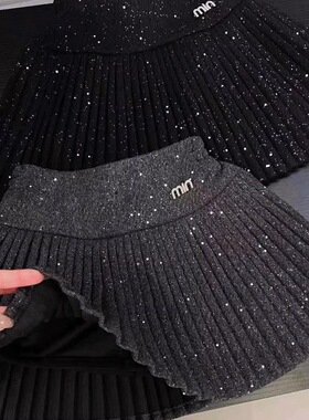 亮片半身裙女秋冬2025新款级感闪闪星空气质毛呢白褶裙短裙子