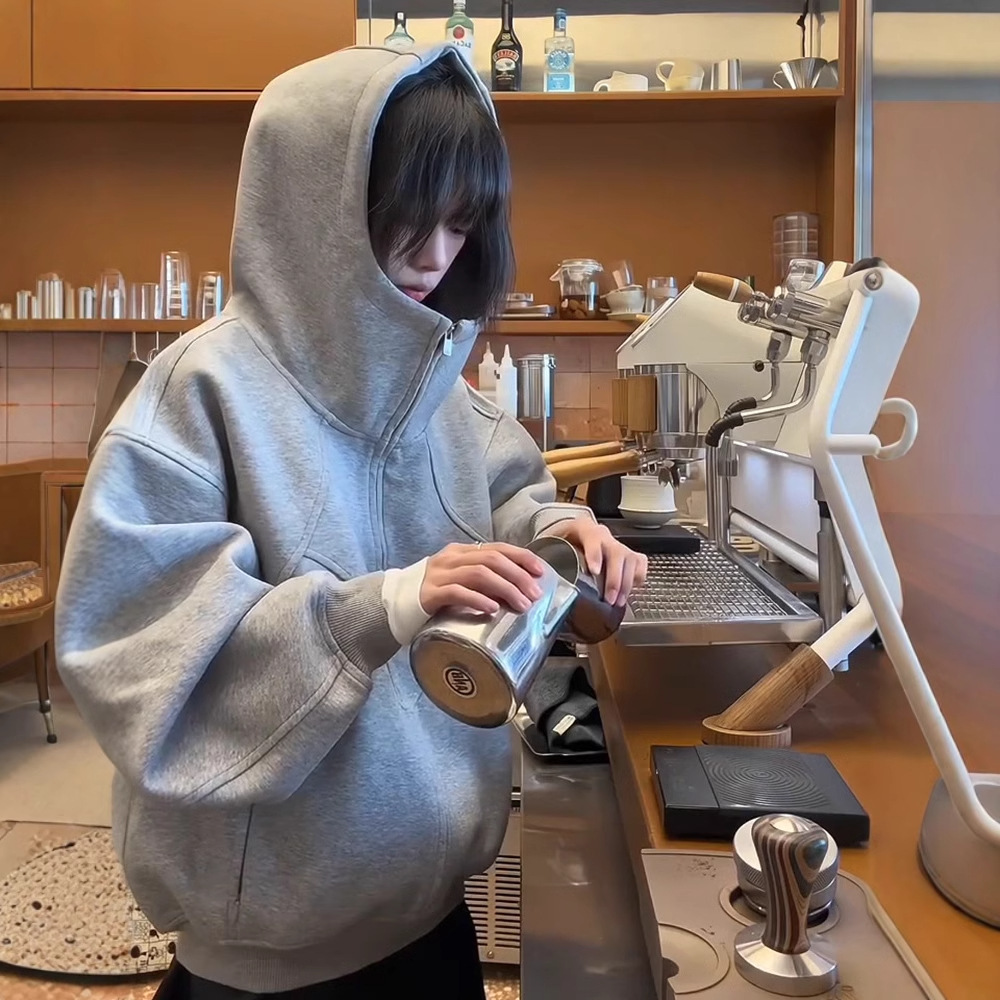 美式重磅廓形外套女加绒加厚秋冬2025新款级感拼接连帽灰色卫衣