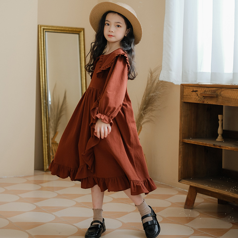 女童日系宽松连衣裙2023秋冬木耳边娃娃领高级感公主裙不规则长裙