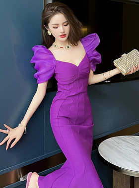 法式复古紫色V领过膝连衣裙新款优雅气质泡泡袖修身鱼尾长裙20503