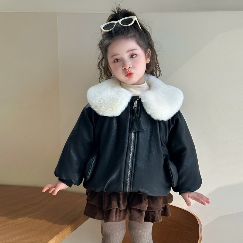 女童加绒皮衣冬季2025新款洋气韩版女翻领夹克衫冬装外套上衣P96，童装外套，祺妙童装