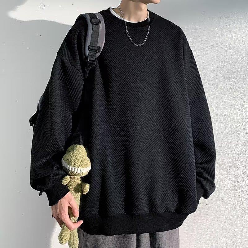 美式浮纹卫衣圆领秋季潮牌宽松大码无帽情侣衣服潮流打底衫长袖