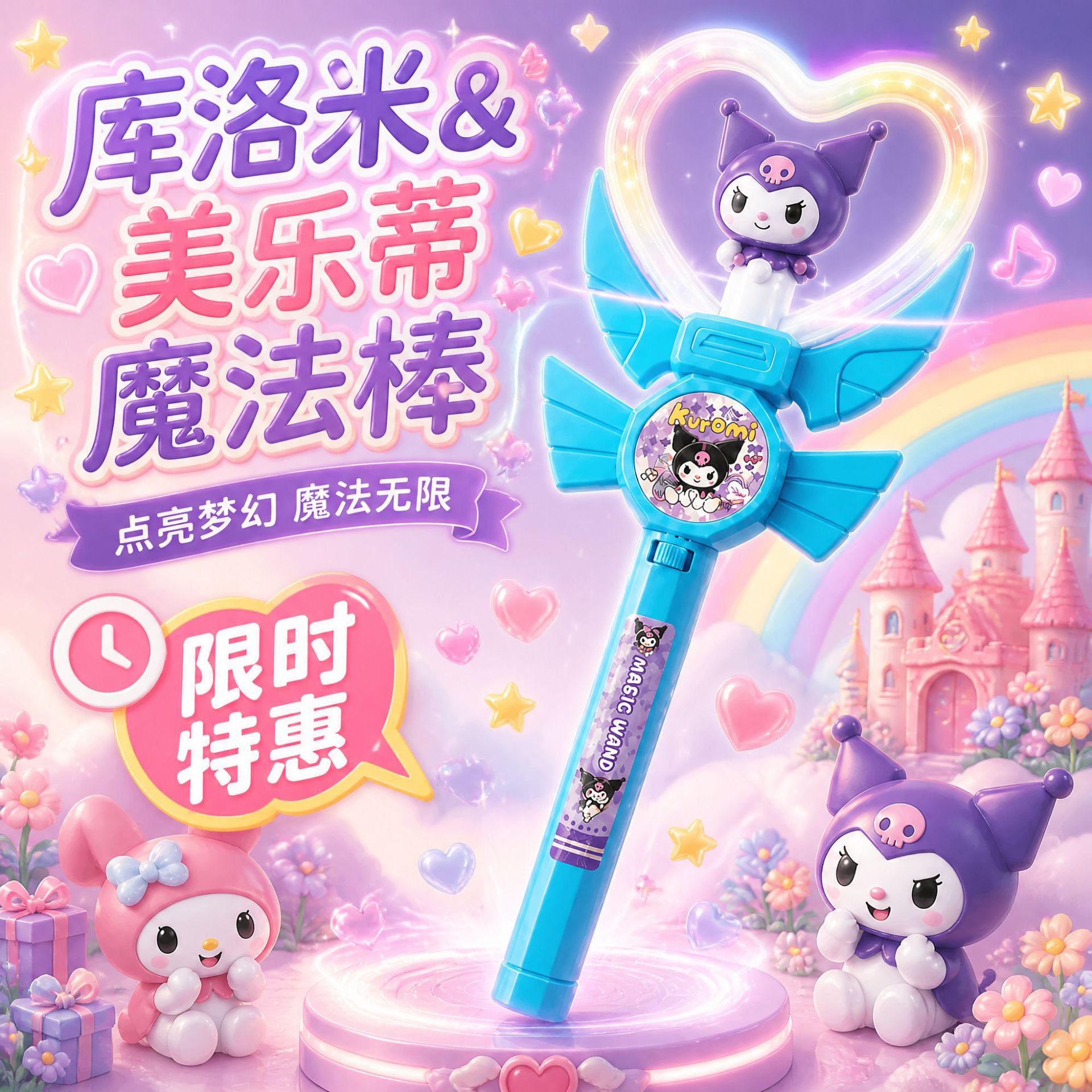 儿童卡通爱心旋转灯光音乐魔法棒发光闪光玩具库洛米女孩生日礼物