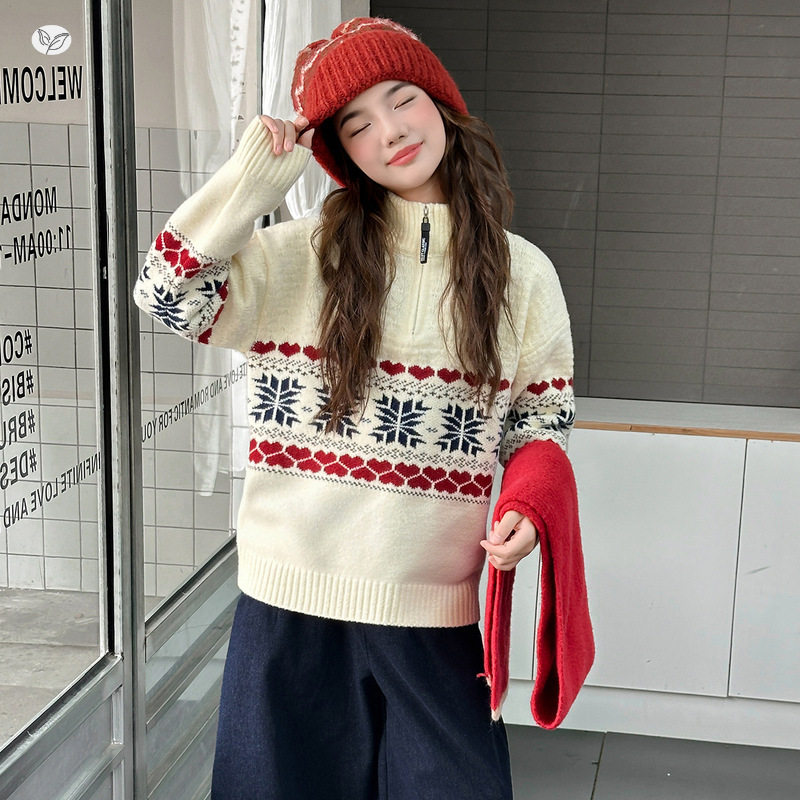 女童毛衣2025年秋季新款半拉链爱心针织衫中大童半领打底衫春秋，童装毛衣，祺儿童装