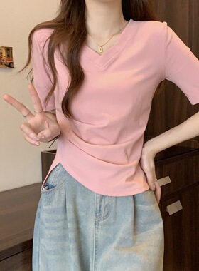 2023夏季新款修身短款休闲显瘦褶皱小V领上衣短袖正肩T恤女潮牌