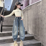 女童牛仔裤春秋款2025新款设计感破洞裤中大童洋气弯刀裤长裤儿童，童装裤子，祺儿童装
