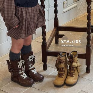 儿童拳击鞋2025秋季女童复古西部牛仔中筒靴子黄棕色女孩加绒靴子