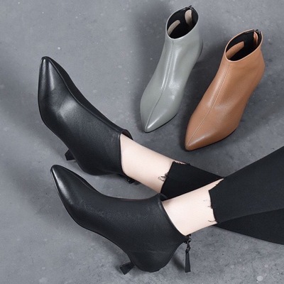 百搭舒服女靴秋冬新款低跟洋气小裸靴细跟头层牛皮后拉链尖头短靴