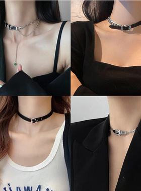 纯银黑色皮绳choker颈链女轻奢欧美风锁骨链