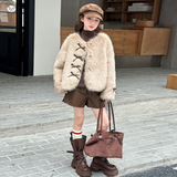 女童夹棉皮草外套2025年秋冬新款中大童韩范蝴蝶结毛毛衣短款开衫，童装外套，祺儿童装