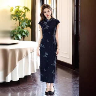 贝之韵藏青色旗袍复古新中式2026新款夏季修身气质日常上班可穿