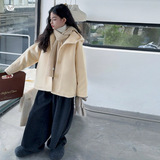 女童2025年冬季新款奶黄色龙须绒加绒大衣女大童户外连帽保暖毛呢，童装外套，祺儿童装