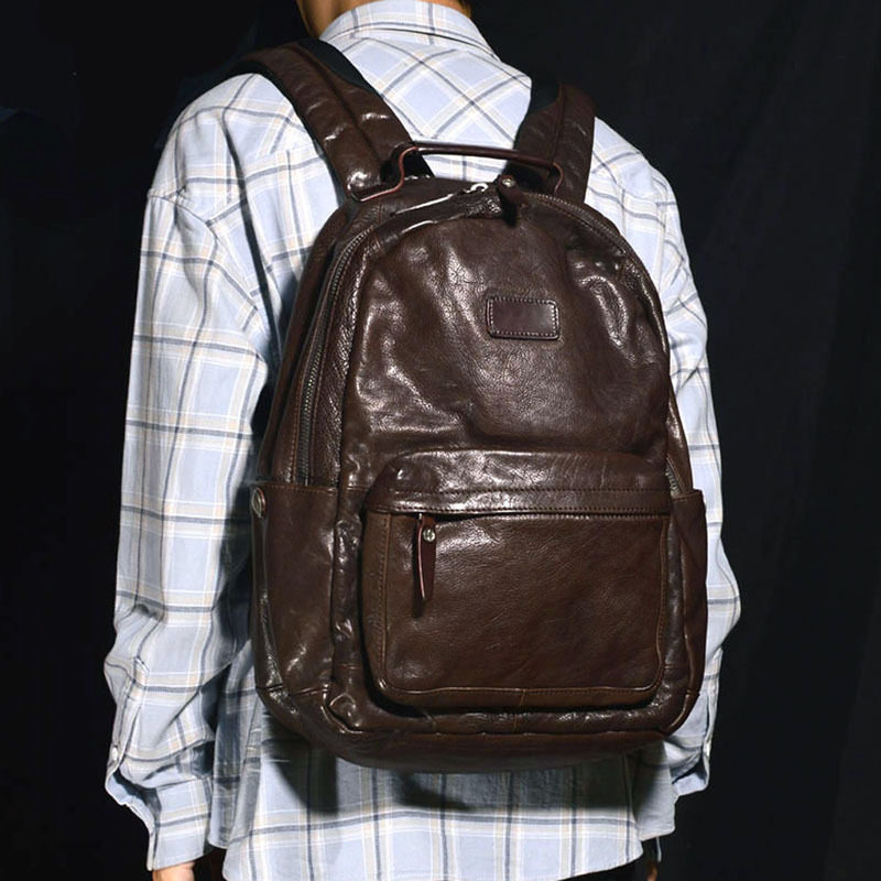 男士真皮褶皱设计双肩包休闲通勤背包休闲褶皱进口头层牛皮商务包