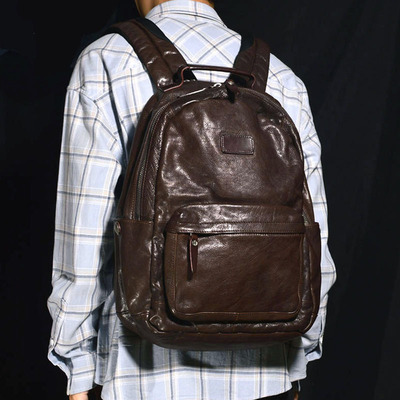 男士真皮褶皱设计双肩包休闲通勤背包休闲褶皱进口头层牛皮商务包