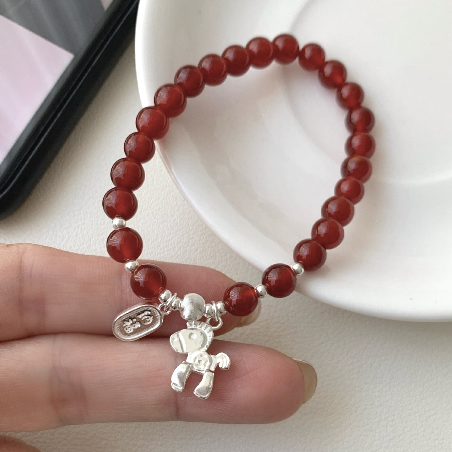S925纯银马上有钱招财纳福手链国风新中式天然红玛瑙手串好运手饰
