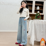 女童2025年秋冬季新款多个小卡通图案刺绣牛仔裤女大童加厚阔腿裤，童装裤子，祺儿童装