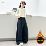 女童秋冬加绒卫裤2025年新款小马绣花弯刀裤中大童休闲阔腿裤长裤，童装裤子，祺儿童装