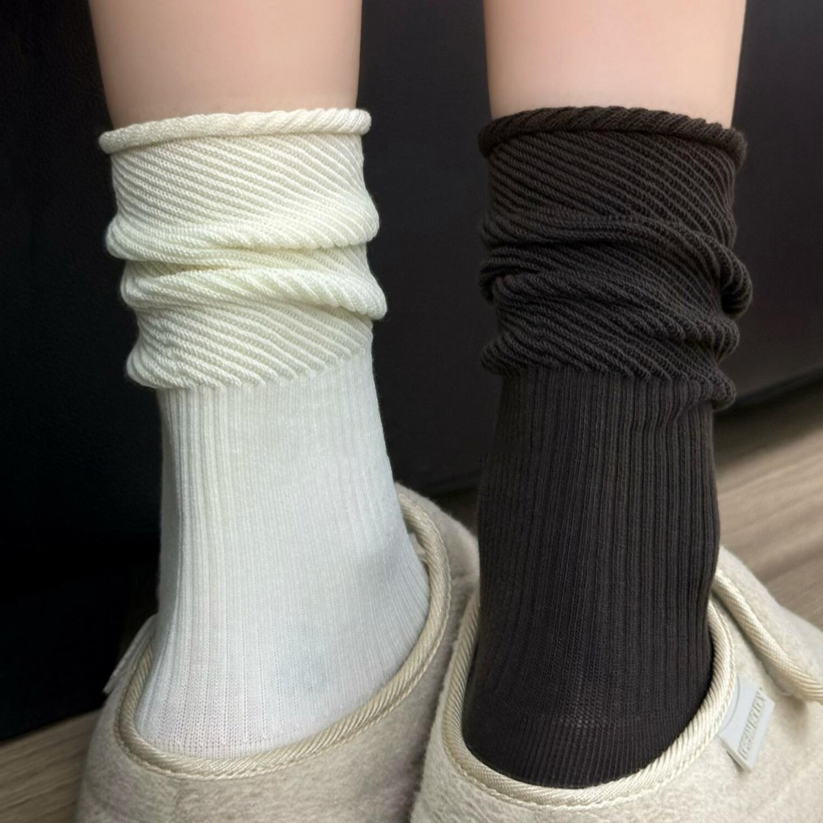 韩系白色推推袜女春秋长筒对堆堆袜拼接粗线舒适针织松口袜子