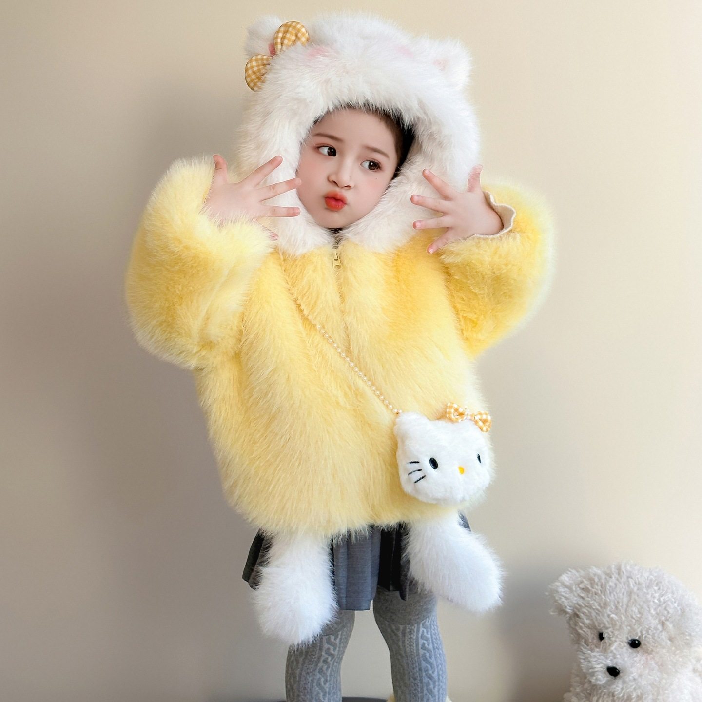 女童洋气秋冬季加绒毛毛衣仿皮草女2025新款加厚保暖外套冬装P92，童装外套，祺妙童装