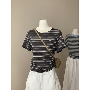 2026夏韩系拼色领口刺绣圆领短袖 棉T恤舒适宽松正肩显瘦上衣9082