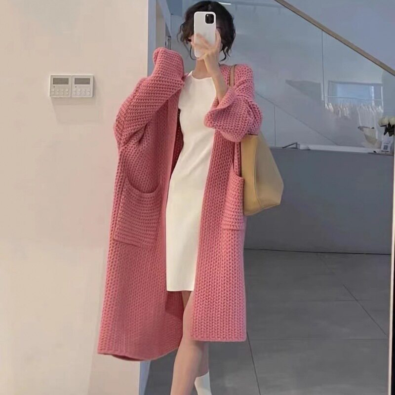 慵懒粉色毛衣外套女春秋小个子中长款宽松针织开衫外搭软糯大衣潮