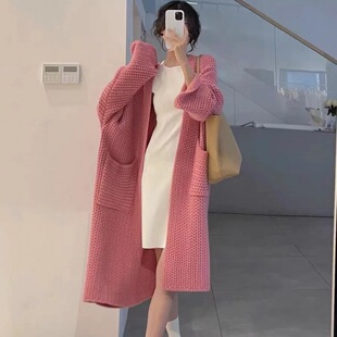 慵懒粉色毛衣外套女春秋小个子中长款宽松针织开衫外搭软糯大衣潮
