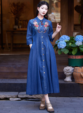 国风复古刺绣开衫连衣裙2025春显瘦五分袖牛仔长裙年轻妈妈82660