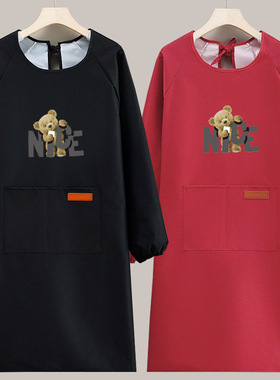 中老年人墨绿色成熟稳重低调厨房长袖罩衣防水围裙做饭防油照衣yi