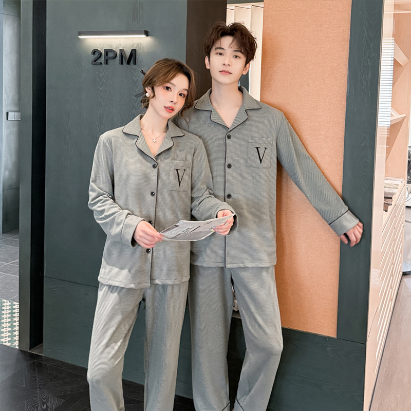 德绒情侣睡衣女秋冬长袖开衫薄绒款保暖发热家居服士套装可外穿