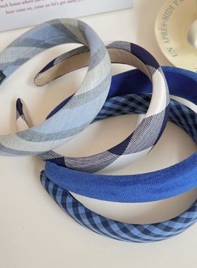 蓝色韩系风~ 清新温柔少女风文艺格子宽边甜美海绵2025年新款发箍