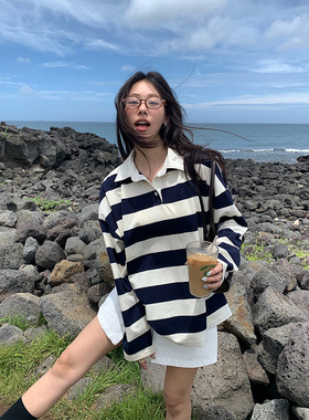 广州黄峥学院风翻领百搭条纹polo卫衣秋季宽松软糯龄上衣530743