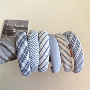 韩系早春蓝色格子条纹宽边海绵发箍女气质颅顶头箍发卡颅顶