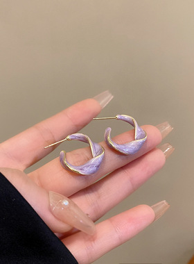 S925银针不规则滴油紫色耳环女复古高级感长春花蓝圆圈耳钉耳饰品